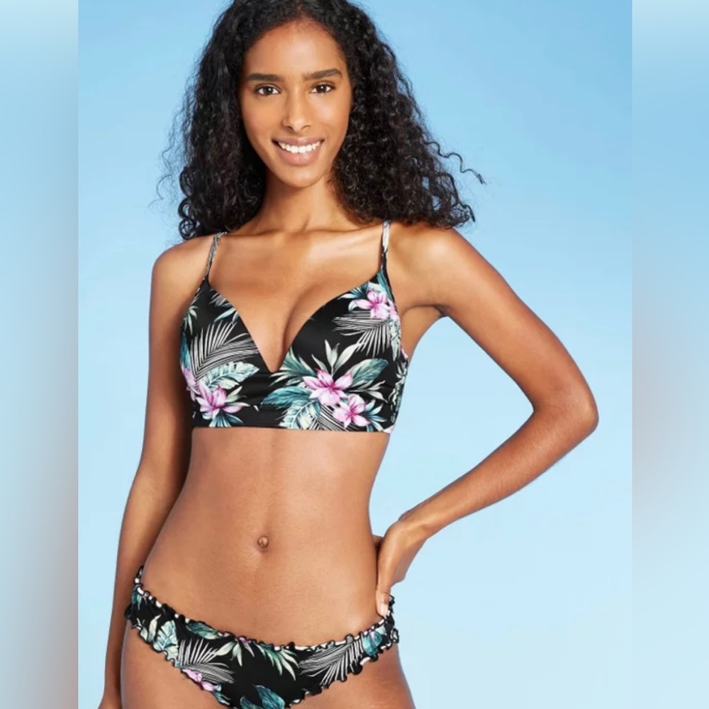 Shade & Shore Women’s Black with Floral Design Bikini Top & Ruffle Cheeky Botton